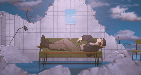 a gif of Mikoto Kayano from MeMe waking up on a couch